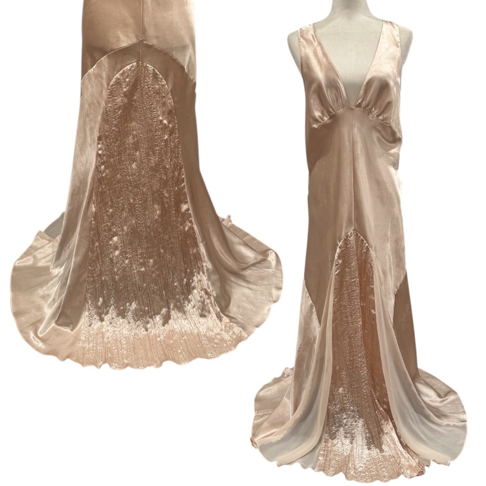 🌺SOLD🌺 Jacalyn Bennett Silky Satin Sheer Chiffon Champagne Maxi Gown Slip Dress - Picture 4 of 8